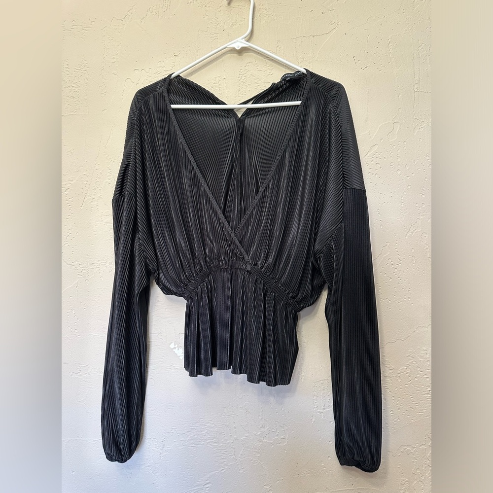 Sincerely Jules Top- Small Black Textured Blouse- Long Balloon Sleeves